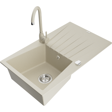Mexen Cesar single-bowl granite sink with drainer and Telma kitchen tap, beige - 6514-69-670200-69