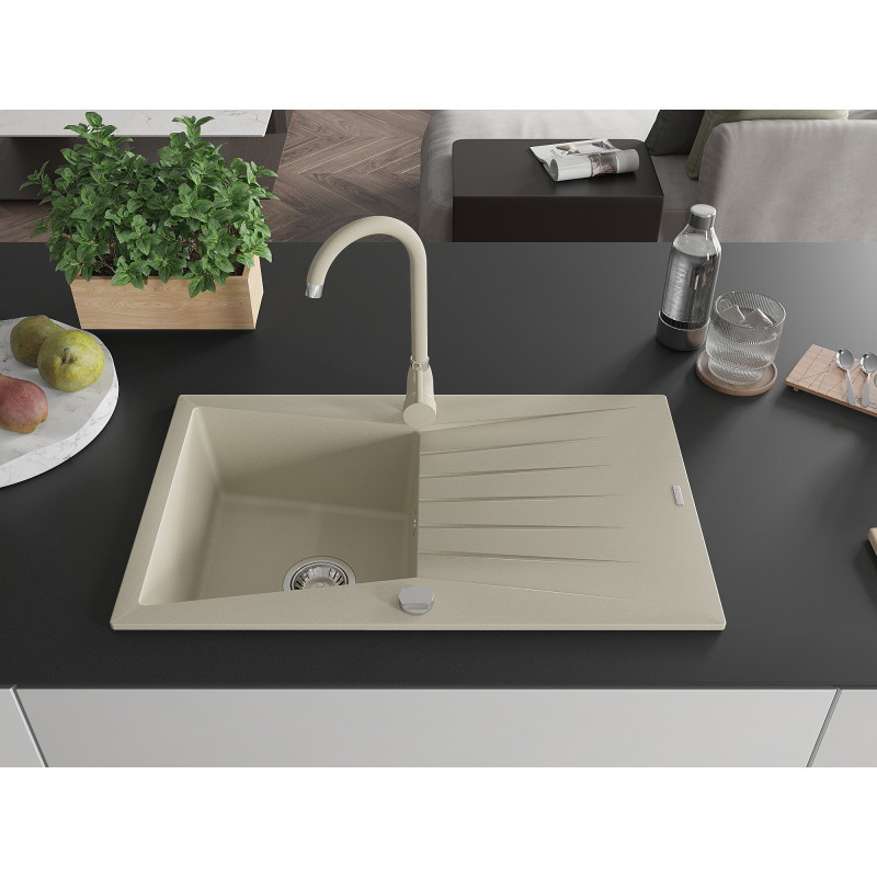 Mexen Cesar fregadero de granito de 1 seno con escurridor y grifo de cocina Telma, beige - 6514-69-670200-69