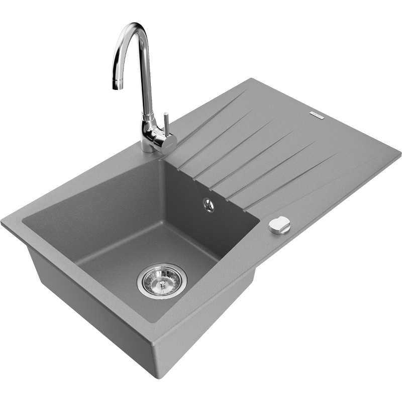 Mexen Cesar 1-compartment granite sink with a drip tray and kitchen mixer tap Telma, Grey - 6514-71-670200-00