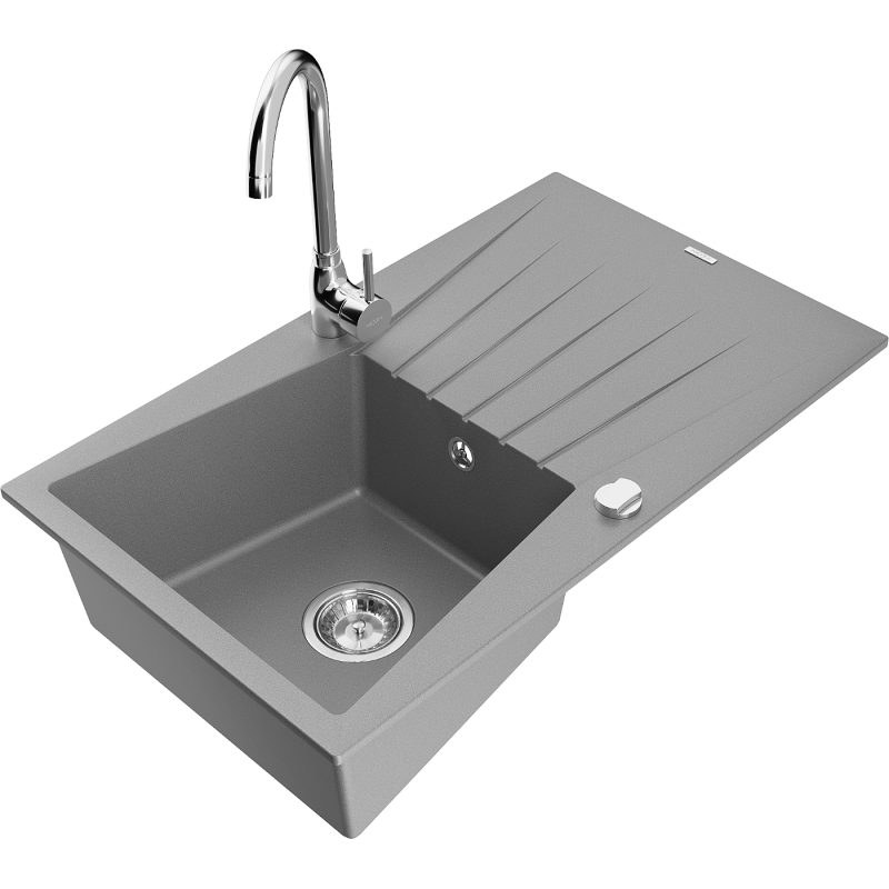 Mexen Cesar fregadero de granito de 1 cubeta con escurridor y grifo de cocina Telma, gris - 6514-71-670200-00