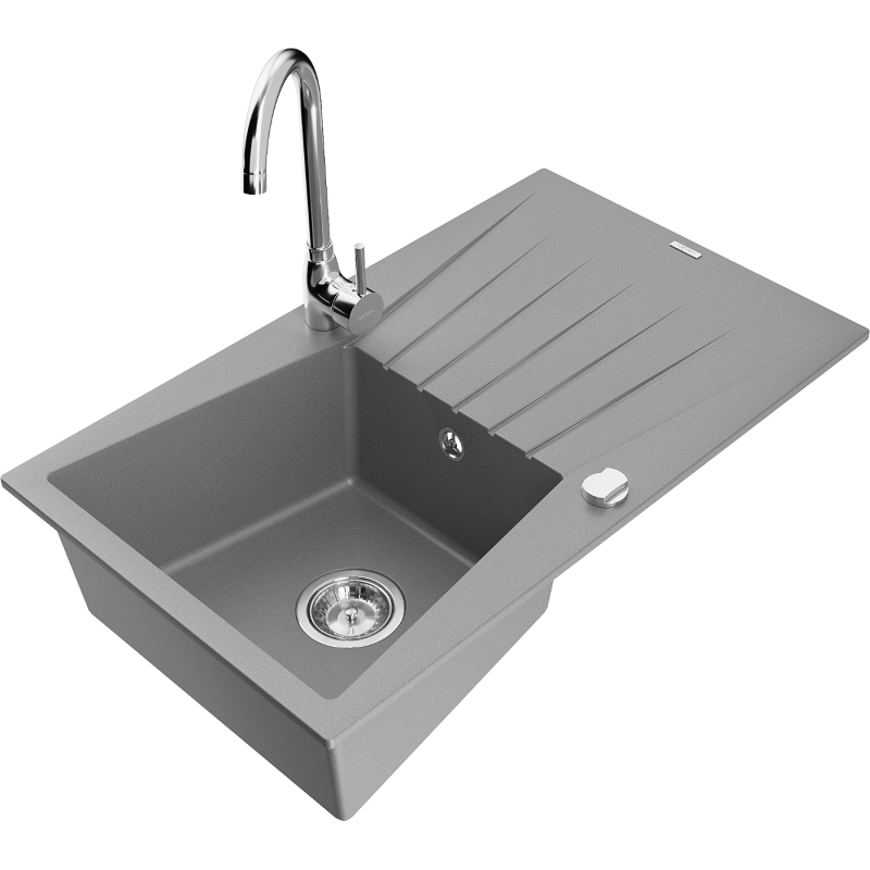 Mexen Cesar Granitspüle 1-Becken mit Abtropffläche und Küchenarmatur Telma, grau - 6514-71-670200-00