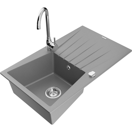 Mexen Cesar 1-compartment granite sink with a drip tray and kitchen mixer tap Telma, Grey - 6514-71-670200-00