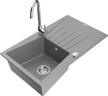 Mexen Cesar fregadero de granito de 1 cubeta con escurridor y grifo de cocina Telma, gris - 6514-71-670200-00