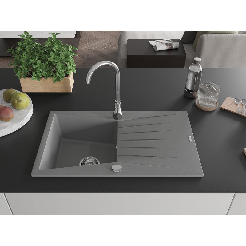 Mexen Cesar 1-compartment granite sink with a drip tray and kitchen mixer tap Telma, Grey - 6514-71-670200-00
