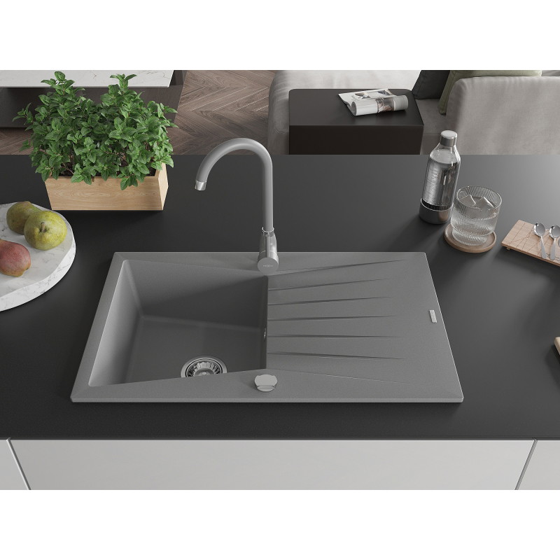 Mexen Cesar 1-bowl granite sink with drainer and Telma kitchen faucet, gray - 6514-71-670200-71
