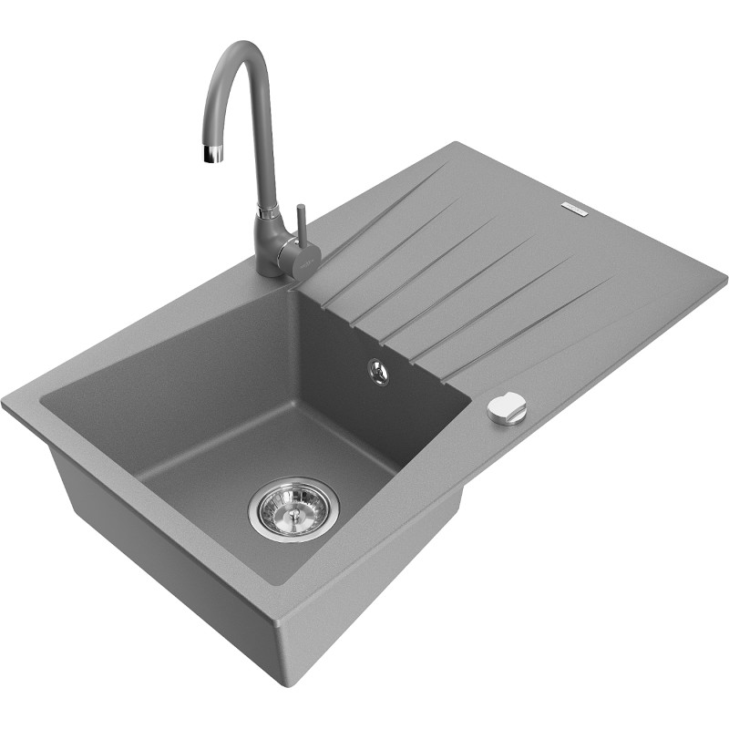 Mexen Cesar 1-bowl granite sink with drainer and Telma kitchen faucet, gray - 6514-71-670200-71