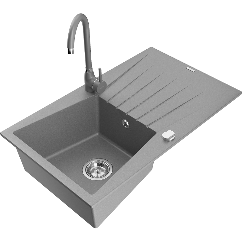 Mexen Cesar fregadero de granito 1-cubeta con escurridor y grifo de cocina Telma, gris - 6514-71-670200-71