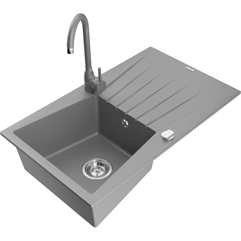 Mexen Cesar granite kitchen sink 1-bowl with drainer and Telma kitchen tap, grey - 6514-71-670200-71