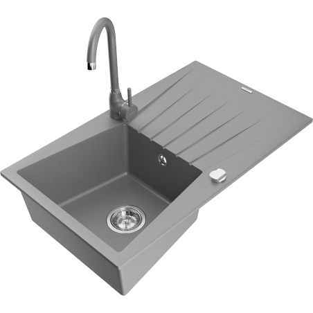 Mexen Cesar granite kitchen sink 1-bowl with drainer and Telma kitchen tap, grey - 6514-71-670200-71