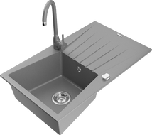 Mexen Cesar granite kitchen sink 1-bowl with drainer and Telma kitchen tap, grey - 6514-71-670200-71