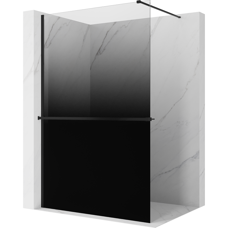 Mexen Kioto+ ścianka prysznicowa z półką Walk-in 150 x 200 cm, ombre czarna 8 mm, czarna - 800-150-121-70-76