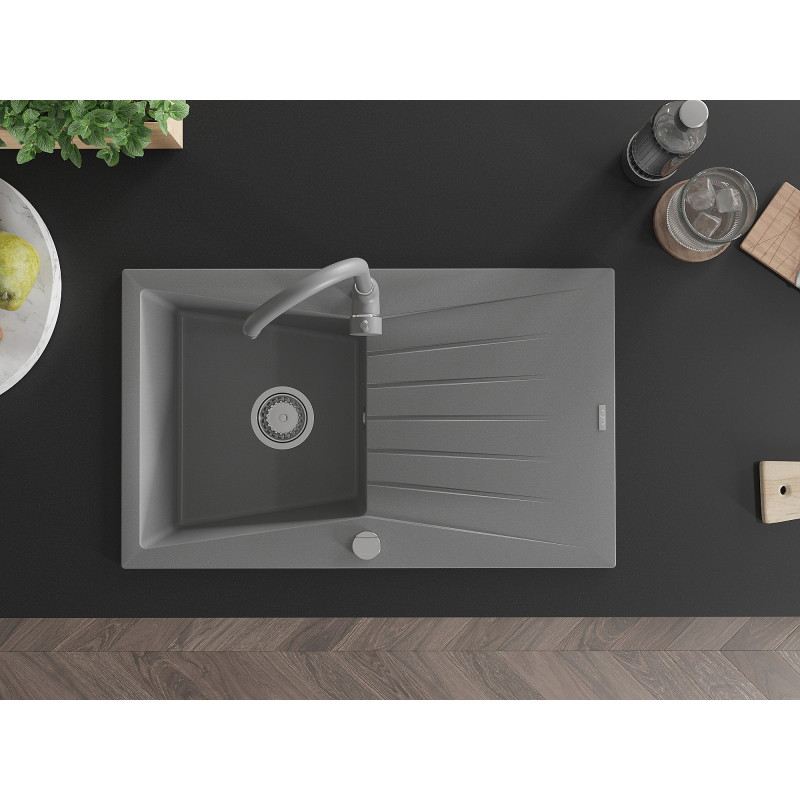Mexen Cesar 1-bowl granite sink with drainer and Telma kitchen faucet, gray - 6514-71-670200-71