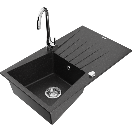 Mexen Cesar granite kitchen sink 1-bowl with drainer and Telma kitchen faucet, black/silver - 6514-73-670200-00