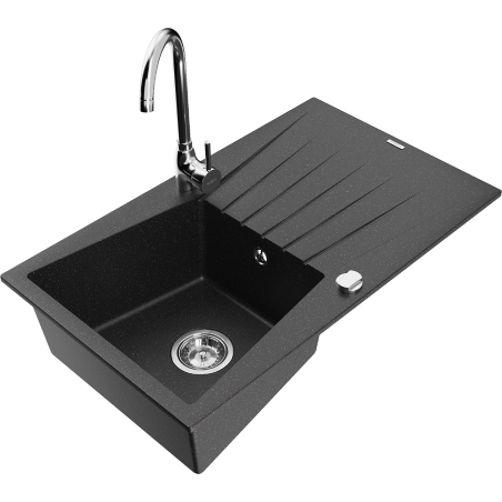Mexen Cesar Granitspüle 1-becken mit Ablage und Küchenarmatur Telma, schwarz/silber - 6514-73-670200-00