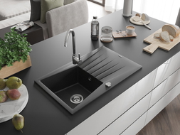 Mexen Cesar granite kitchen sink 1-bowl with drainer and Telma kitchen tap, black/silver - 6514-73-670200-00