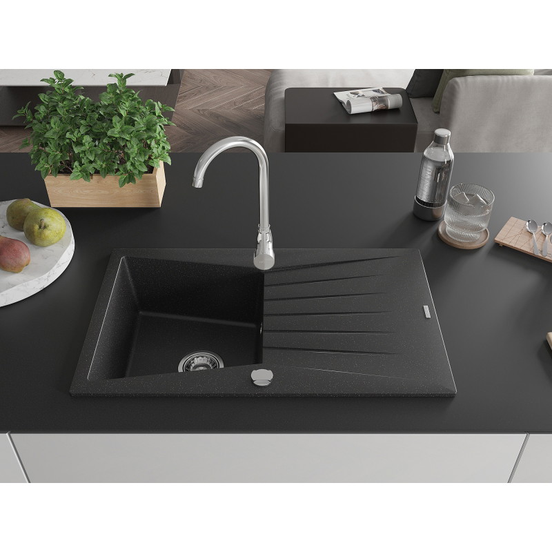 Mexen Cesar granite kitchen sink 1-bowl with drainer and Telma kitchen faucet, black/silver - 6514-73-670200-00