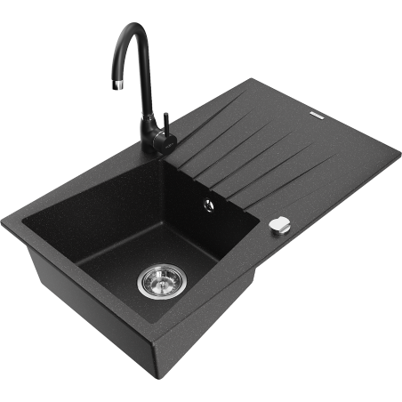 Mexen Cesar 1-bowl Granite Sink with Drainer and Kitchen Faucet Telma, Black/Silver - 6514-73-670200-70