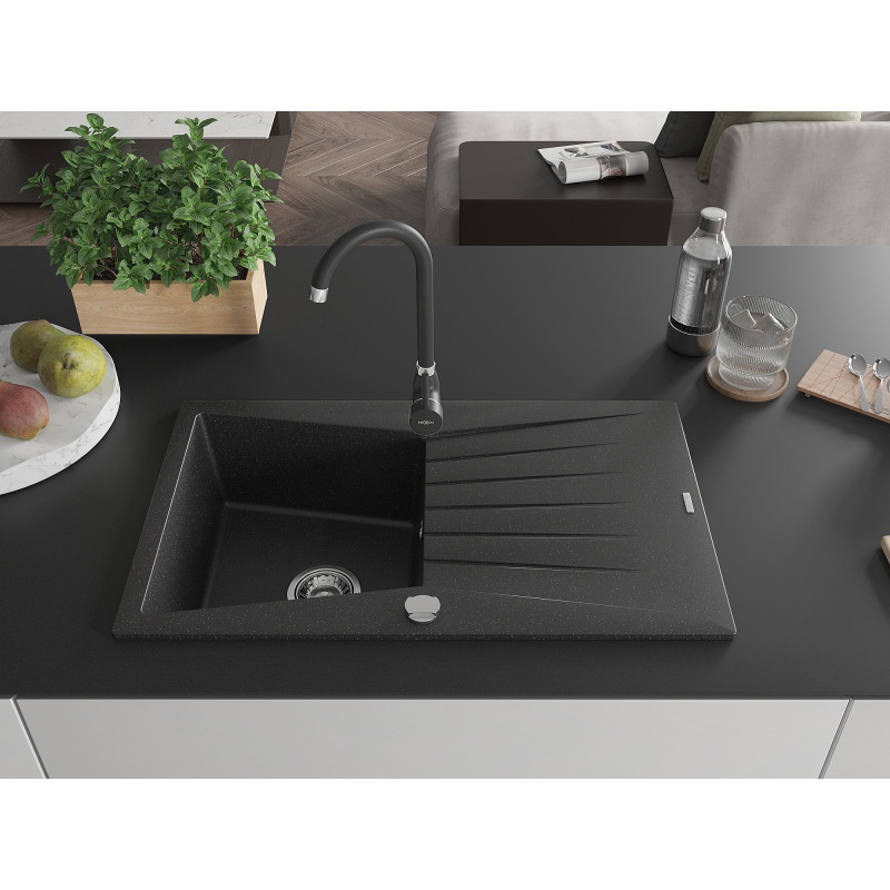 Mexen Cesar 1-bowl Granite Sink with Drainer and Kitchen Faucet Telma, Black/Silver - 6514-73-670200-70
