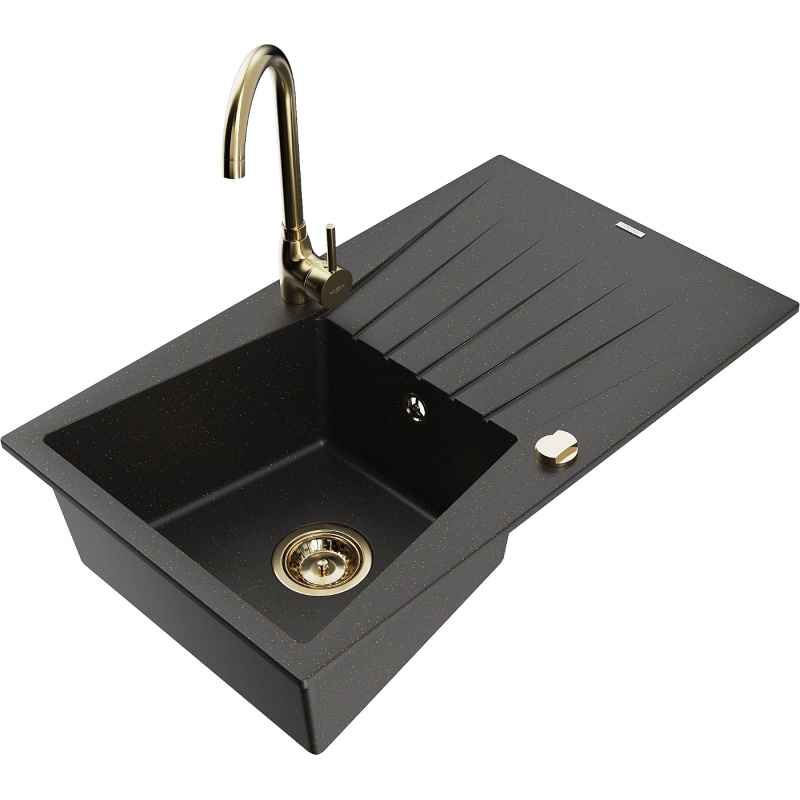 Mexen Cesar granite sink 1-bowl with drainer and Telma kitchen tap, black/gold - 6514-75-670200-50