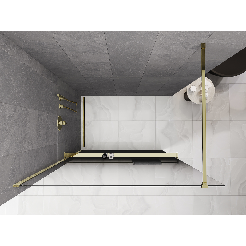 Mexen Kioto+ ścianka prysznicowa z półką Walk-in 80 x 200 cm, ombre czarna 8 mm, złota - 800-080-121-50-76