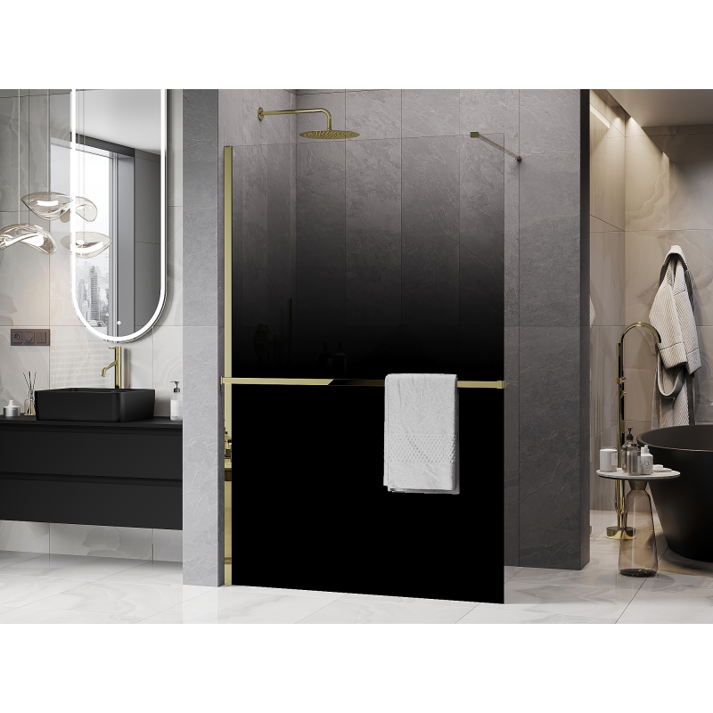 Mexen Kioto+ ścianka prysznicowa z półką Walk-in 90 x 200 cm, ombre czarna 8 mm, złota - 800-090-121-50-76