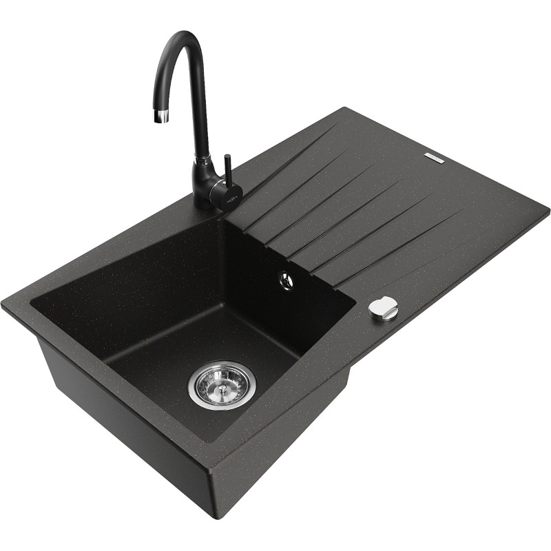 Mexen Cesar 1-bowl granite kitchen sink with drainer and Telma tap, black/gold - 6514-75-670200-70