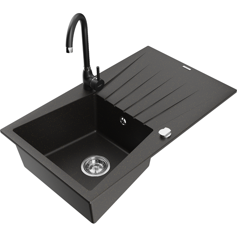 Mexen Cesar granite sink 1-bowl with drainer and kitchen tap Telma, black/gold - 6514-75-670200-70