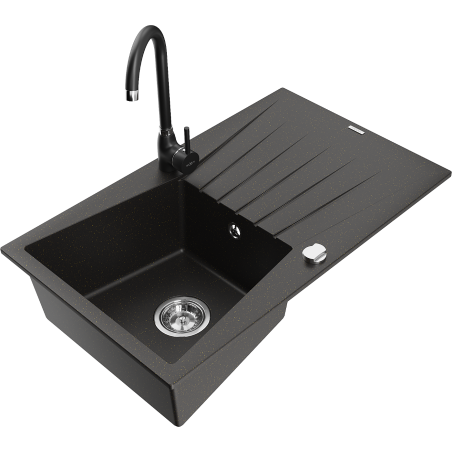 Mexen Cesar 1-bowl granite kitchen sink with drainer and Telma tap, black/gold - 6514-75-670200-70