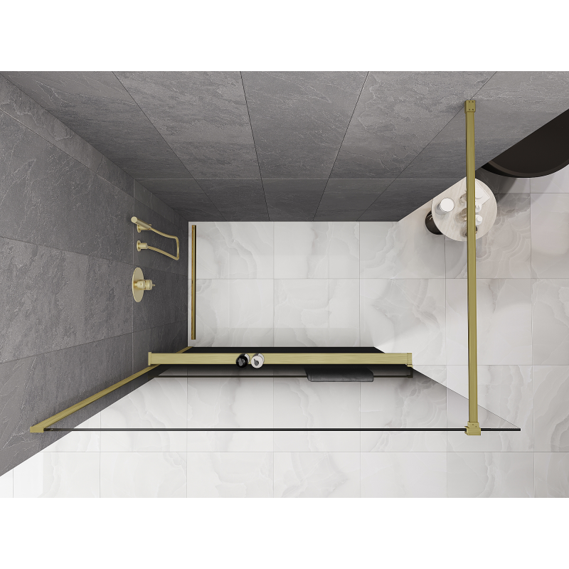 Mexen Kioto+ ścianka prysznicowa z półką Walk-in 90 x 200 cm, ombre czarna 8 mm, złota szczotkowana - 800-090-121-55-76