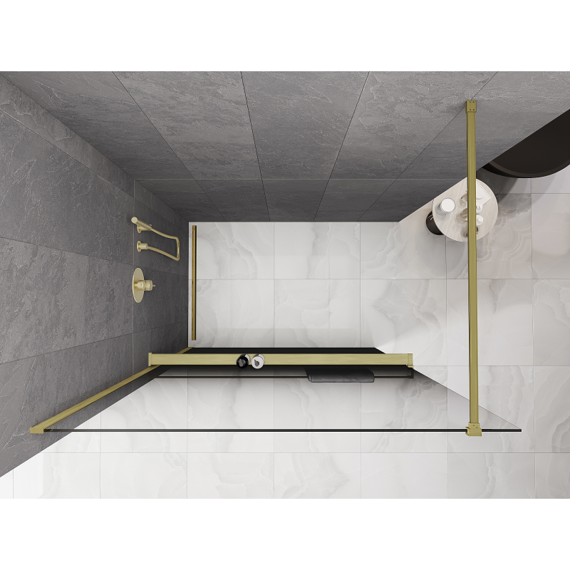 Mexen Kioto+ ścianka prysznicowa z półką Walk-in 130 x 200 cm, ombre czarna 8 mm, złota szczotkowana - 800-130-121-55-76