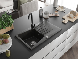 Mexen Cesar 1-bowl granite kitchen sink with drainer and Telma tap, black/gold - 6514-75-670200-70