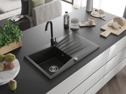 Mexen Cesar fregadero de granito de 1 cámara con escurridor y grifo de cocina Telma, negro/dorado - 6514-75-670200-70