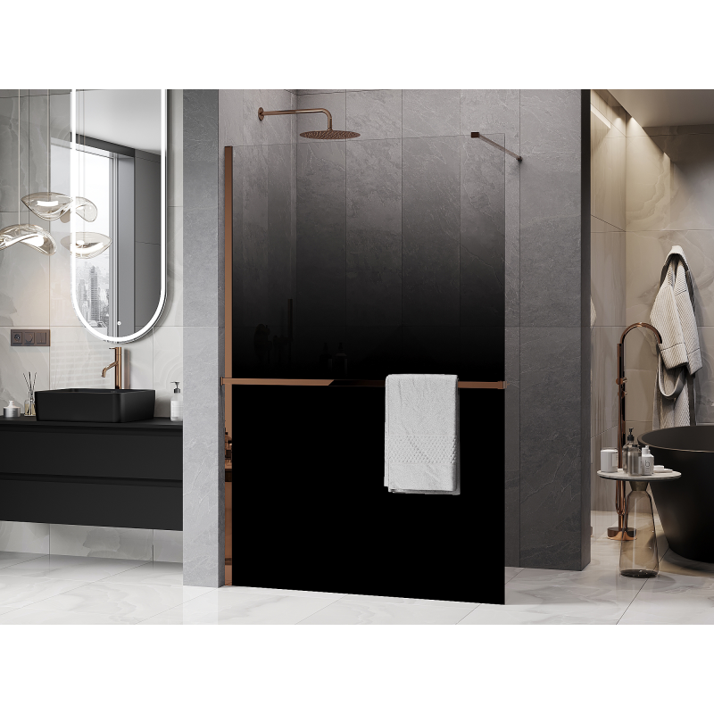 Mexen Kioto+ ścianka prysznicowa z półką Walk-in 90 x 200 cm, ombre czarna 8 mm, różowe złoto - 800-090-121-60-76