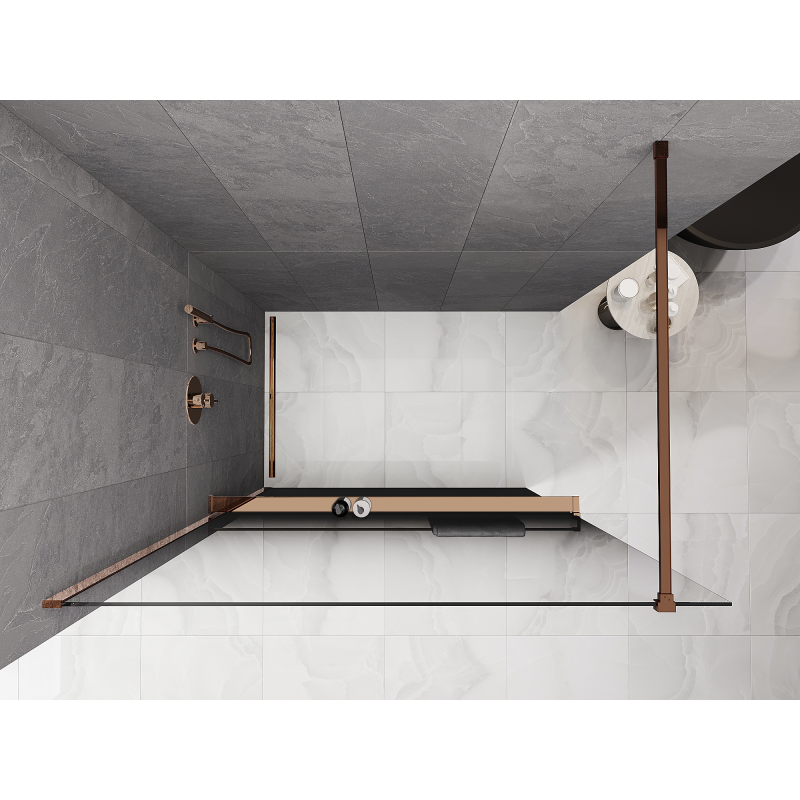 Mexen Kioto+ ścianka prysznicowa z półką Walk-in 120 x 200 cm, ombre czarna 8 mm, różowe złoto - 800-120-121-60-76