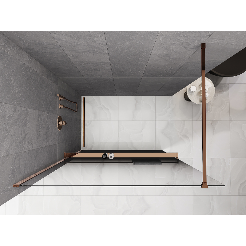 Mexen Kioto+ ścianka prysznicowa z półką Walk-in 150 x 200 cm, ombre czarna 8 mm, różowe złoto - 800-150-121-60-76
