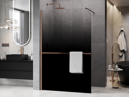Mexen Kioto+ ścianka prysznicowa z półką Walk-in 120 x 200 cm, ombre czarna 8 mm, miedź szczotkowana - 800-120-121-65-76