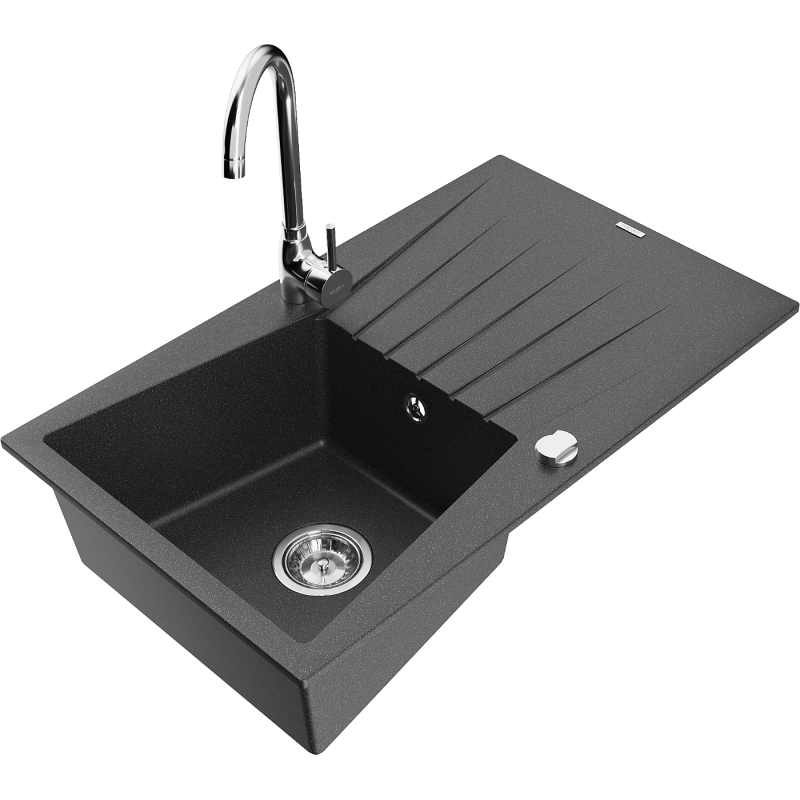 Mexen Cesar 1-bowl granite sink with drainer and Telma kitchen tap, black speckled - 6514-76-670200-00