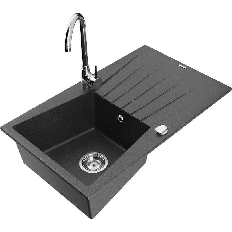 Mexen Cesar fregadero de granito de 1 cubeta con escurridor y grifo de cocina Telma, negro moteado - 6514-76-670200-00