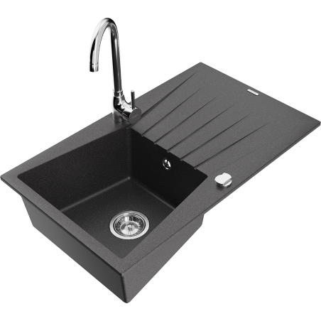 Mexen Cesar granite single-bowl sink with drainer and kitchen faucet Telma, speckled black - 6514-76-670200-00