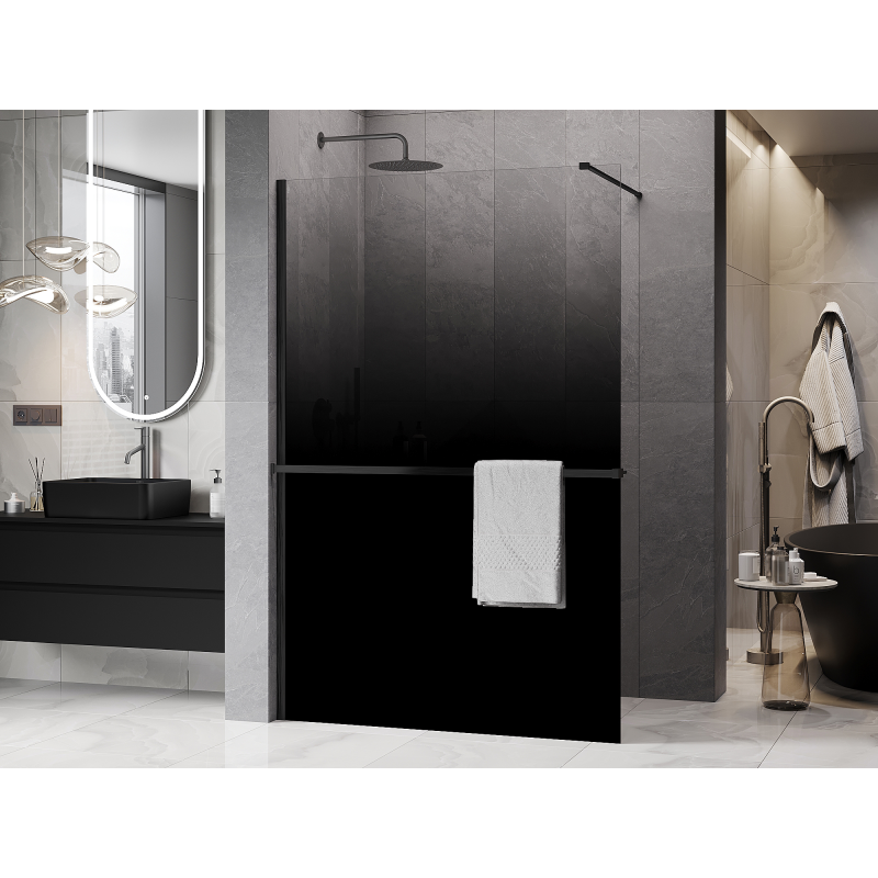 Mexen Kioto+ ścianka prysznicowa z półką Walk-in 150 x 200 cm, ombre czarna 8 mm, gun gray szczotkowany - 800-150-121-66-76