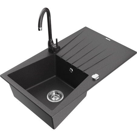 Mexen Cesar granite 1-bowl sink with drainer and Telma kitchen faucet, speckled black - 6514-76-670200-76