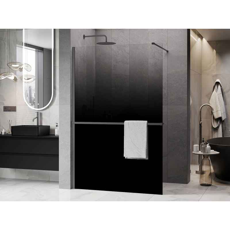 Mexen Kioto+ ścianka prysznicowa z półką Walk-in 150 x 200 cm, ombre czarna 8 mm, gun metal - 800-150-121-95-76
