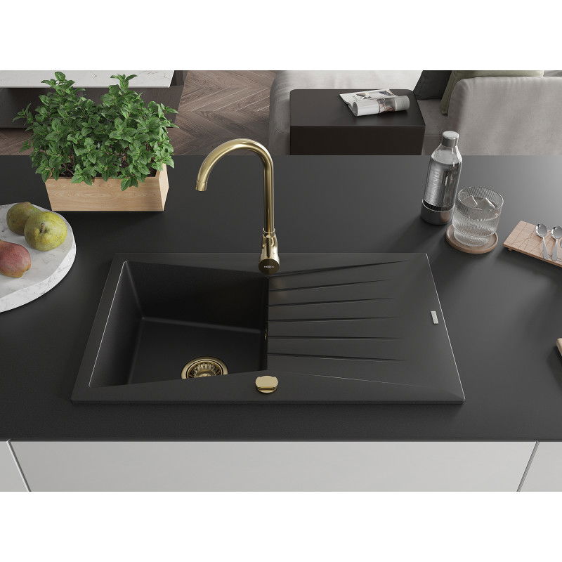 Mexen Cesar 1-Bowl Granite Sink with Drainer and Telma Kitchen Tap, Black - 6514-77-670200-50