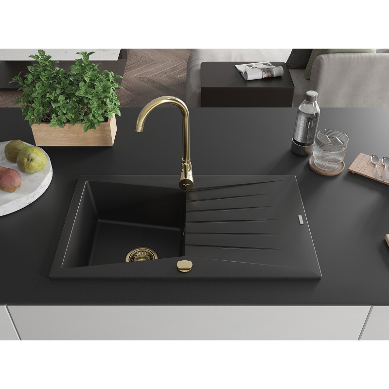 Mexen Cesar granite kitchen sink 1-bowl with drainer and Telma kitchen faucet, black - 6514-77-670200-50