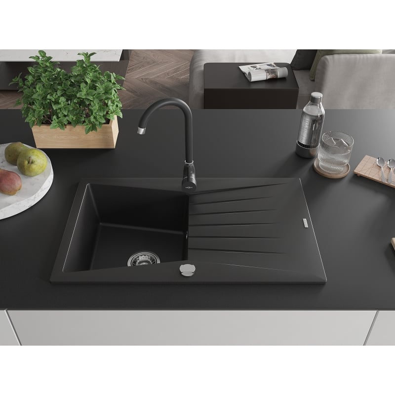 Mexen Cesar granite kitchen sink 1-bowl with drainer and Telma kitchen faucet, black - 6514-77-670200-70