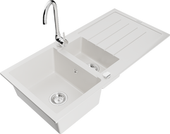 Mexen Andres granieten gootsteen 1,5-kamer met afdruiprek en keukenkraan Telma, wit - 6515-20-670200-00