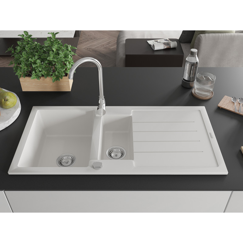 Mexen Andres granitische spoelbak 1,5-kamer met afdruiprek en keukenmengkraan Telma, wit - 6515-20-670200-00