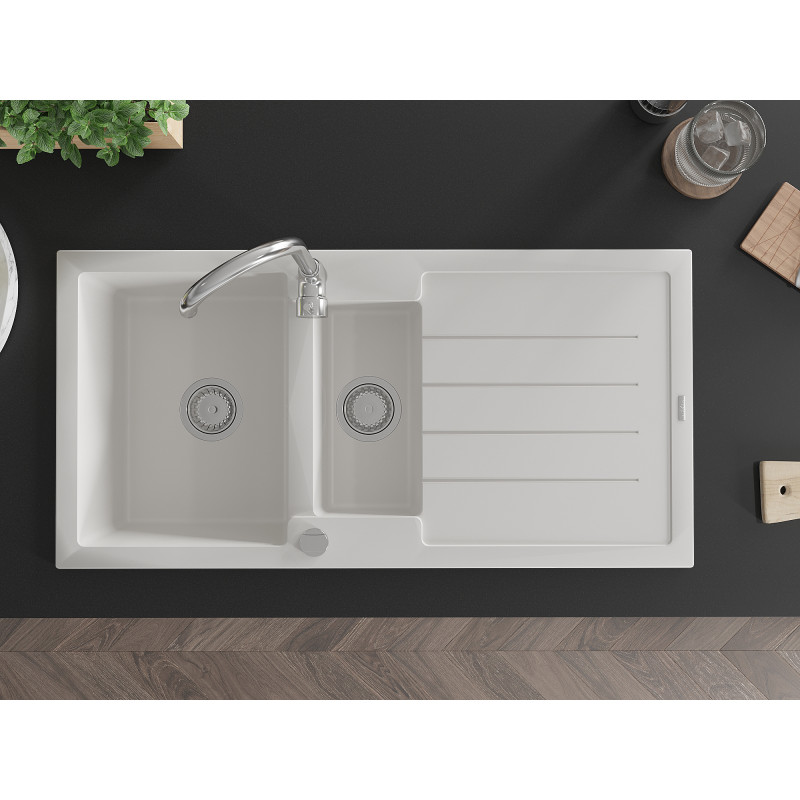 Mexen Andres granitische spoelbak 1,5-kamer met afdruiprek en keukenmengkraan Telma, wit - 6515-20-670200-00