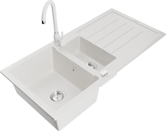 Mexen Andres granieten spoelbak met 1,5 kamers, afdruiprek en keukenkraan Telma, wit - 6515-20-670200-20