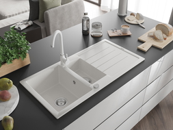 Mexen Andres granit-Inox Waschbecken mat gréng 1,5-vertéckt mat Drainboard a Kichenkran Telma, wäiss - 6515-20-670200-20